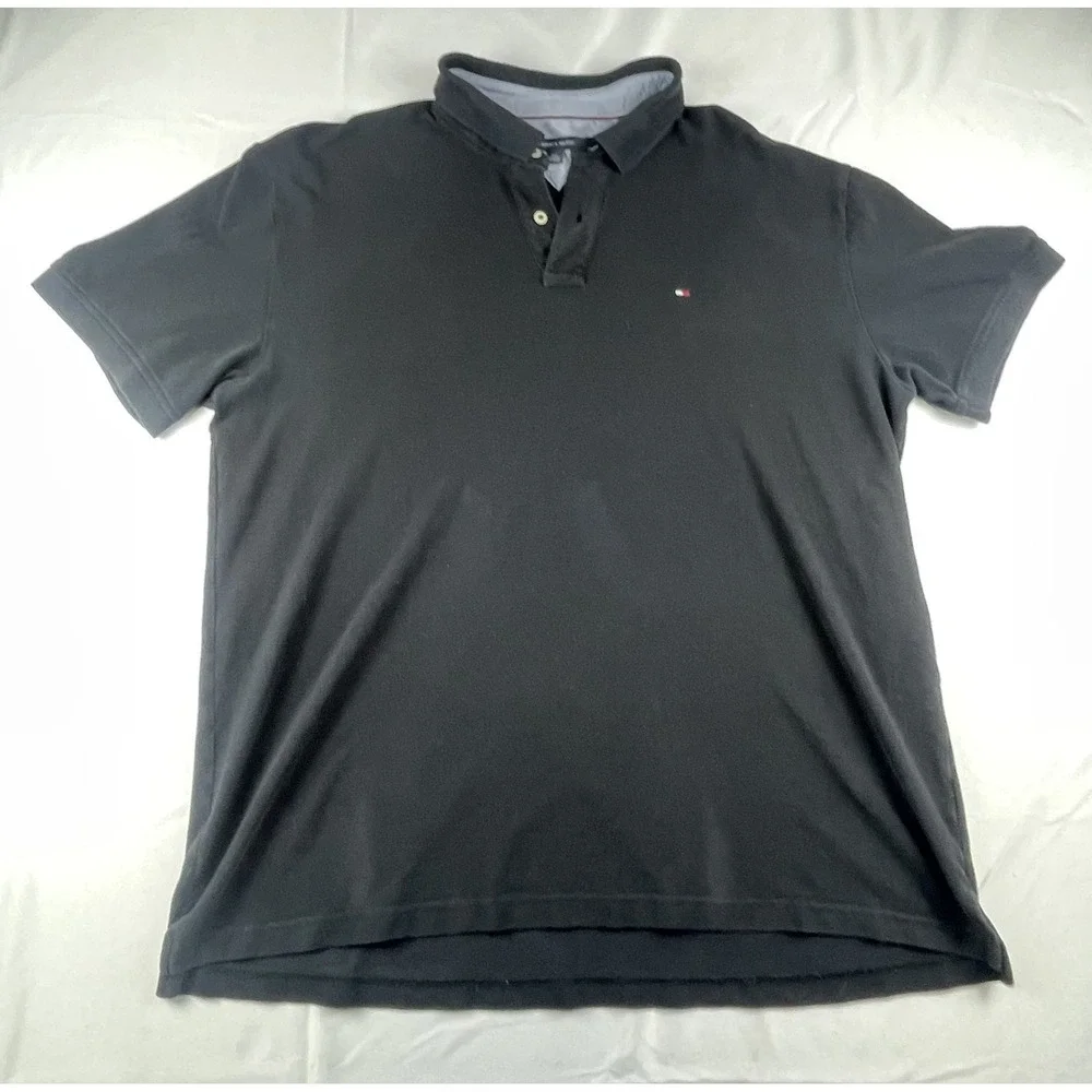 TOMMY HILFIGER POLO SHIRT MENS XXL BLACK SHORT SLEEVE CLASSIC FIT FLAG LOGO